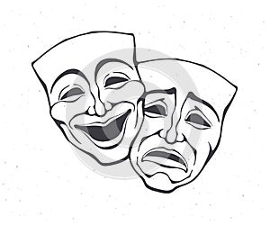 Two theatrical comedy and drama mask. Outline. Bipolar disorder symbol. Positive and negative emotion. Film and theatre industry.
