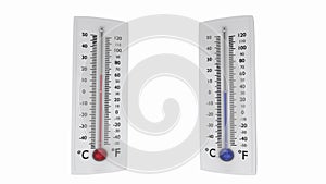 Two thermometers with red and blue mercury show change in temperature.