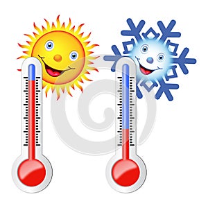 Two thermometers, the sun and snowflake.