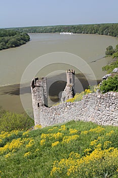 Two thin bastions of Devin castle in Slovakia, medieval fortress