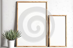 Two thin golden picture frame mockup stand on floor against wall