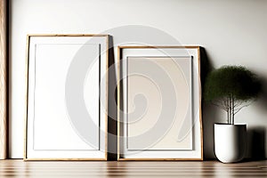 Two thin golden picture frame mockup stand on floor against wall