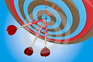 Two three red darts hitting the bullseye aim. concept of success 3d illustration