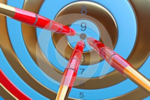 Two three red darts hitting the bullseye aim. concept of success 3d illustration