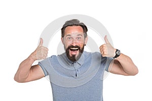 Two Thumbs up by both hands. Emotional man with two thumbs up isolated on white background. Excited bearded guy happy face emotion photo