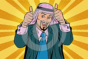 Two thumbs up, Emotional Arabic joyful businessman