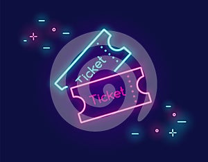 Two tickets banner for social networks in neon light style on dark background