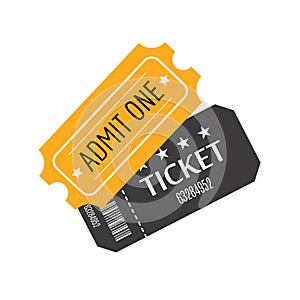 Two tickets close up top view isolated on white background. Ticket icon. Concert, cinema, theater, play, party, event, festival