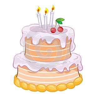 Two tier holiday cake with three candles decorated with cherries for the holiday and birthday, isolated object on a