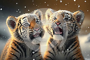 Two tiger cubs in the snow. Generative AI