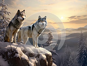 Two timber wolves on ridge