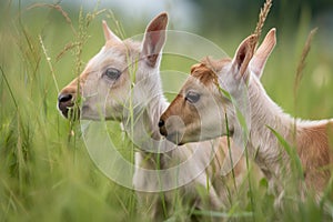 Dos pequeno cabras en broma en de césped 