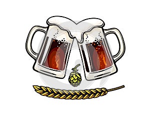 Two toasting beer mugs, barley or wheat ear and hop cone. Vector illustration