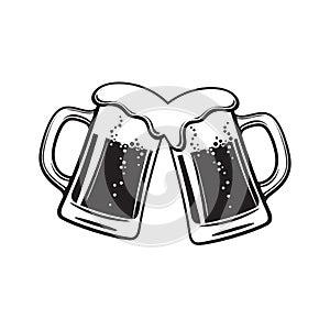Two toasting beer mugs, Cheers. Clinking glass tankards full of beer and foam. Black and white
