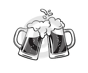 Two toasting beer mugs, Cheers. Clinking glass tankards full of beer and splashed foam. Black and white