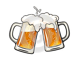 Two toasting beer mugs, Cheers. Clinking glass tankards full of beer and splashed foam photo