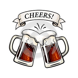 Two toasting beer mugs. Cheers. text on old ribbon banner. Vector illustration isolated on white background