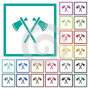 Two tomahawks flat color icons with quadrant frames