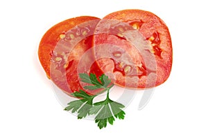 Two tomato slice with leaf parsley isolated on white background. Top view