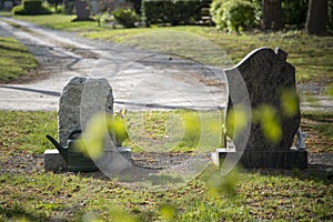 Two tombstones on a grave yard, backview, focus on stones