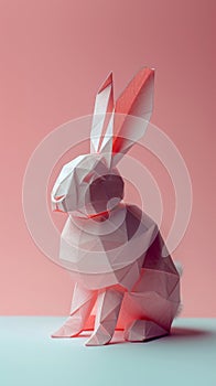 Two-Tone Red and White Origami Rabbit on Pastel Background