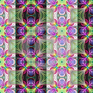 Two-tone seamless flower pattern in stained-glass window style.