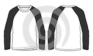 Two tone white, black Long sleeve raglan t shirt technical fashion flat sketch vector illustration template