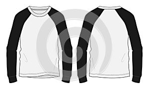 Two tone white, black raglan t shirt fashion flat sketch vector template.