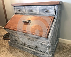 Two-toned DIY white-washed storage cabinet