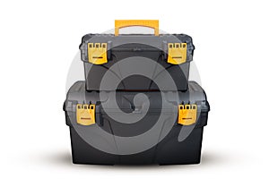 Two toolboxes of black color isolated on white background