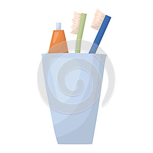 Two toothbrushes and toothpaste. A cup for toothbrushes. Vector illustration