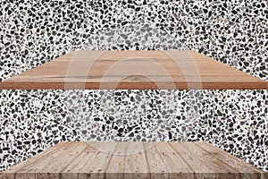 Two top wooden shelves empty and polished stone wall background. for product displa