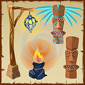 Two totems, fire and lantern, ancient symbols