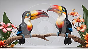 Two toucan birds perched on a branch