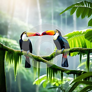 Two Toucan Tropical Birds Sitting on a Tree Branch in Natural Wildlife Environment in Rainforest Jungle