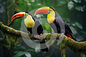 Two toucans sitting on a branch in the rainforest, toucan tropical bird sitting on a tree branch in natural wildlife environment,