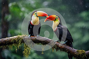 Two toucans sitting on a branch in the rainforest, toucan tropical bird sitting on a tree branch in natural wildlife environment,