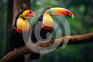 Two toucans sitting on a branch in the rainforest, toucan tropical bird sitting on a tree branch in natural wildlife environment,