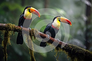 Two toucans sitting on a branch in the rainforest, toucan tropical bird sitting on a tree branch in natural wildlife environment,