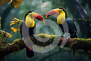 Two toucans sitting on a branch in the rainforest, toucan tropical bird sitting on a tree branch in natural wildlife environment,