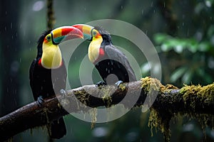 Two toucans sitting on a branch in the rainforest, toucan tropical bird sitting on a tree branch in natural wildlife environment,