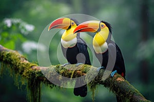 Two toucans sitting on a branch in the rainforest, toucan tropical bird sitting on a tree branch in natural wildlife environment,