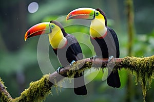 Two toucans sitting on a branch in the rainforest, toucan tropical bird sitting on a tree branch in natural wildlife environment,