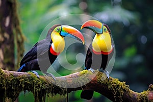 Two toucans sitting on a branch in the rainforest, toucan tropical bird sitting on a tree branch in natural wildlife environment,