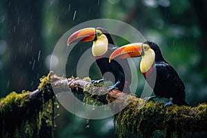 Two toucans sitting on a branch in the rainforest, toucan tropical bird sitting on a tree branch in natural wildlife environment,