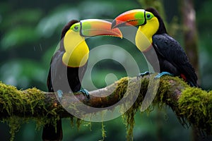 Two toucans sitting on a branch in the rainforest, toucan tropical bird sitting on a tree branch in natural wildlife environment,