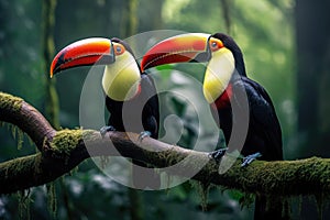 Two toucans sitting on a branch in the rainforest, toucan tropical bird sitting on a tree branch in natural wildlife environment,