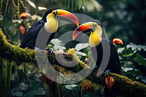 Two toucans sitting on a branch in the rainforest, toucan tropical bird sitting on a tree branch in natural wildlife environment,