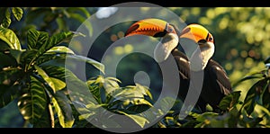 two toucans standing on a leafy green background