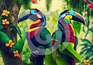 Two toucans on a tree in the morning rainforest. Generative Al Illustration